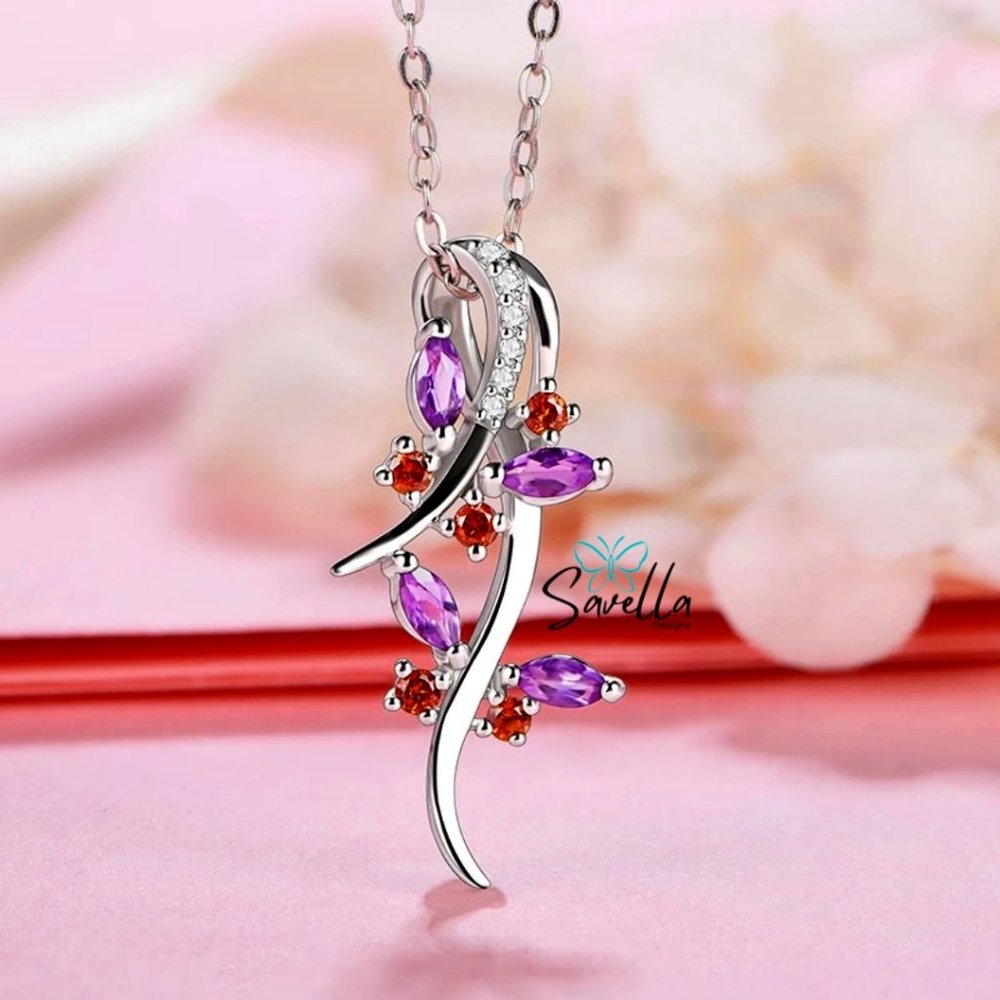 Amethyst and Ruby Pendant set in Genuine 925 Silver with Chain